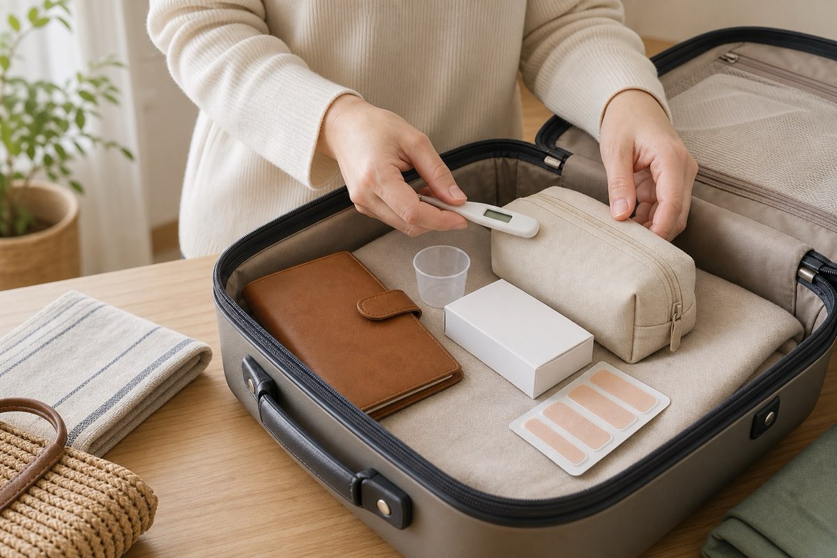 スーツケースへ体温計や絆創膏など家族用のケア用品を詰める様子